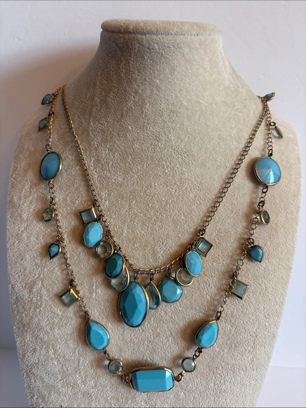 Blue Bezel Station Necklace Layered Acrylic Statement Long Gold Tone 50”